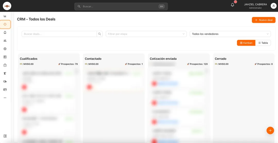 CRM del ERP de Mahexa Forestal con vista kanban de tratos por etapa