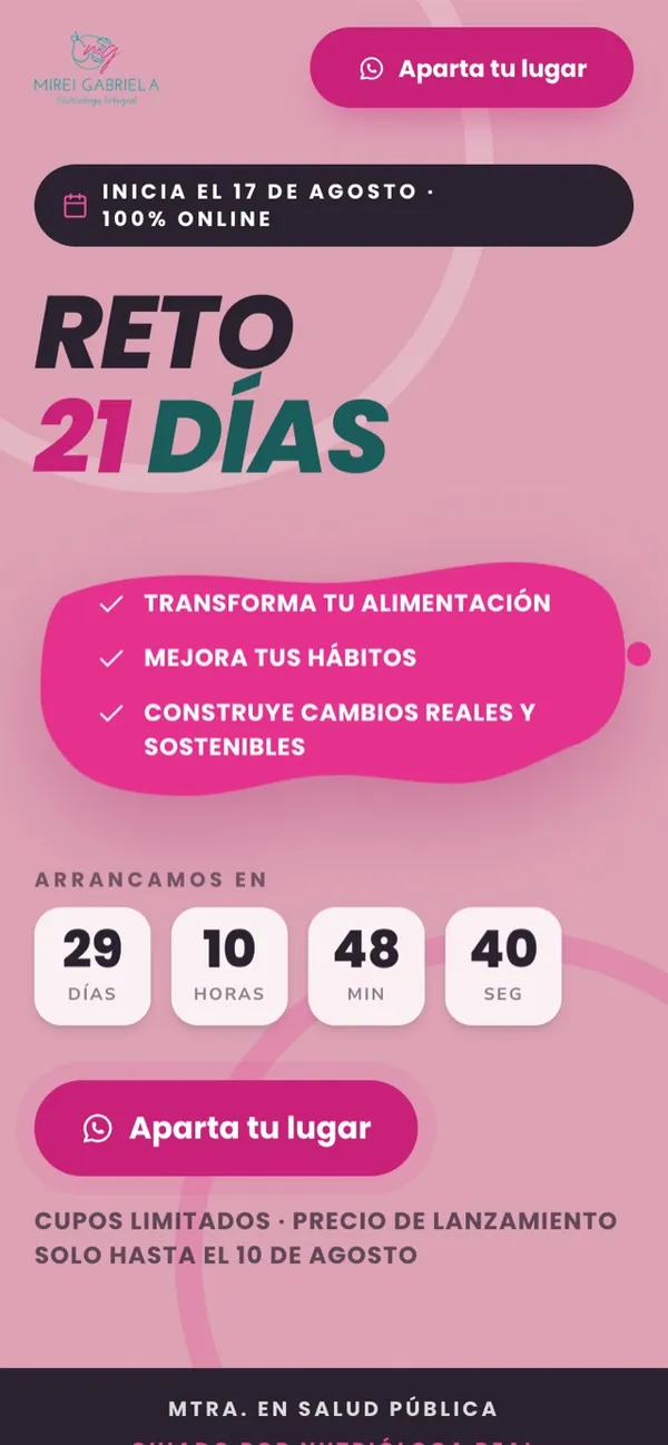 Landing del Reto de 21 Días con contador de lanzamiento